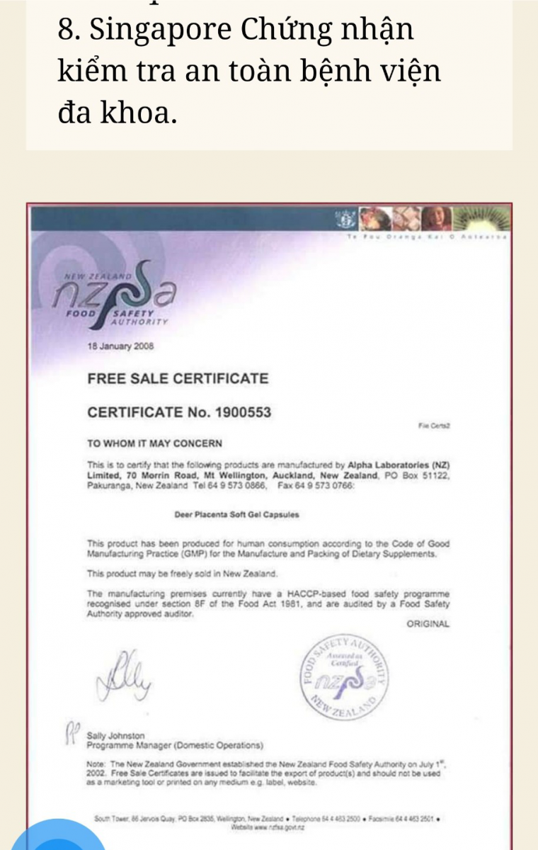 Certificate  New Zealand GMP Certification